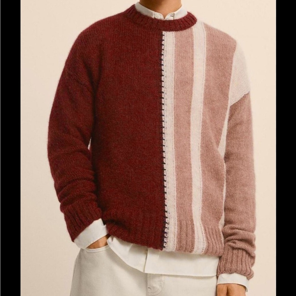 Zara Sweater Mens Sz M Wool Blend Long Sleeve Crew Neck Striped Red-beige-brown